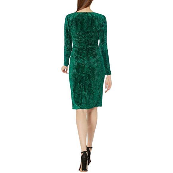 Halo Sheath Dress Velvet Green Jacquard Faux Wrap - Picture 3 of 14